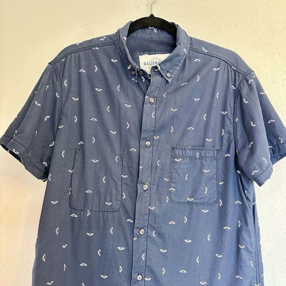 California Cowboy High Water Fleece Lined Short Sleeve Button Shirt Blue Print L - Picture 2 of 16